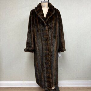 NWT Vintage 90s Pamela McCoy Brown Full Length Faux Fur Coat Medium